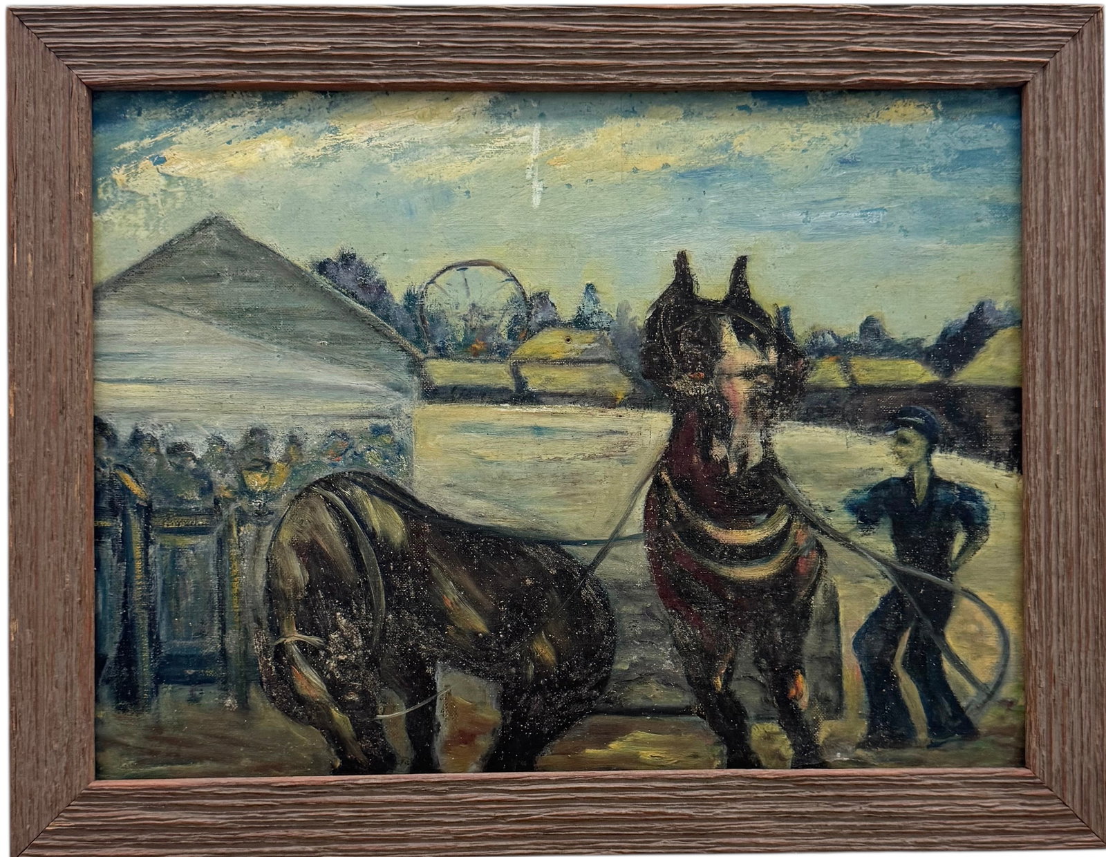 Early 20th Century American School Modernist Circus Scene Oil Painting: Oil on board 15 3/4 x 11 3/4 in, 18 x 14 in (framed). Domestic Flat Shipping Price: $55
