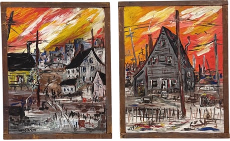 Pair Of Expressionist Townscapes Oil Paintings Signed Warren