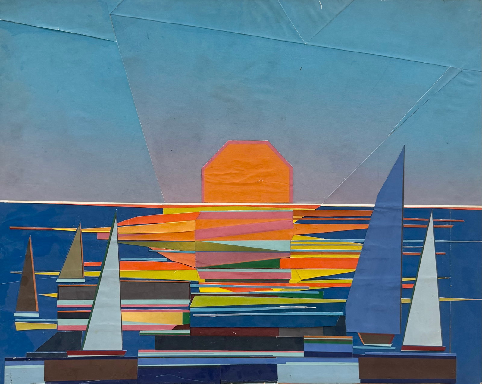 VICTOR VI CASSANELLI (1920-1990, American) Sunset Collage: Collage on wood 28 x 22 in. Domestic Flat Shipping Price: $80