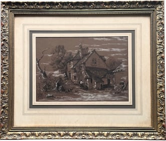 19th or Early 20th Century Charcoal Drawing Of A House