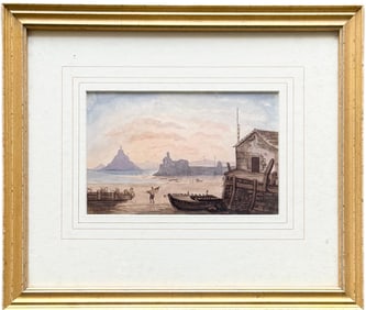 19th Century English Watercolor Fishermen In The Harbor