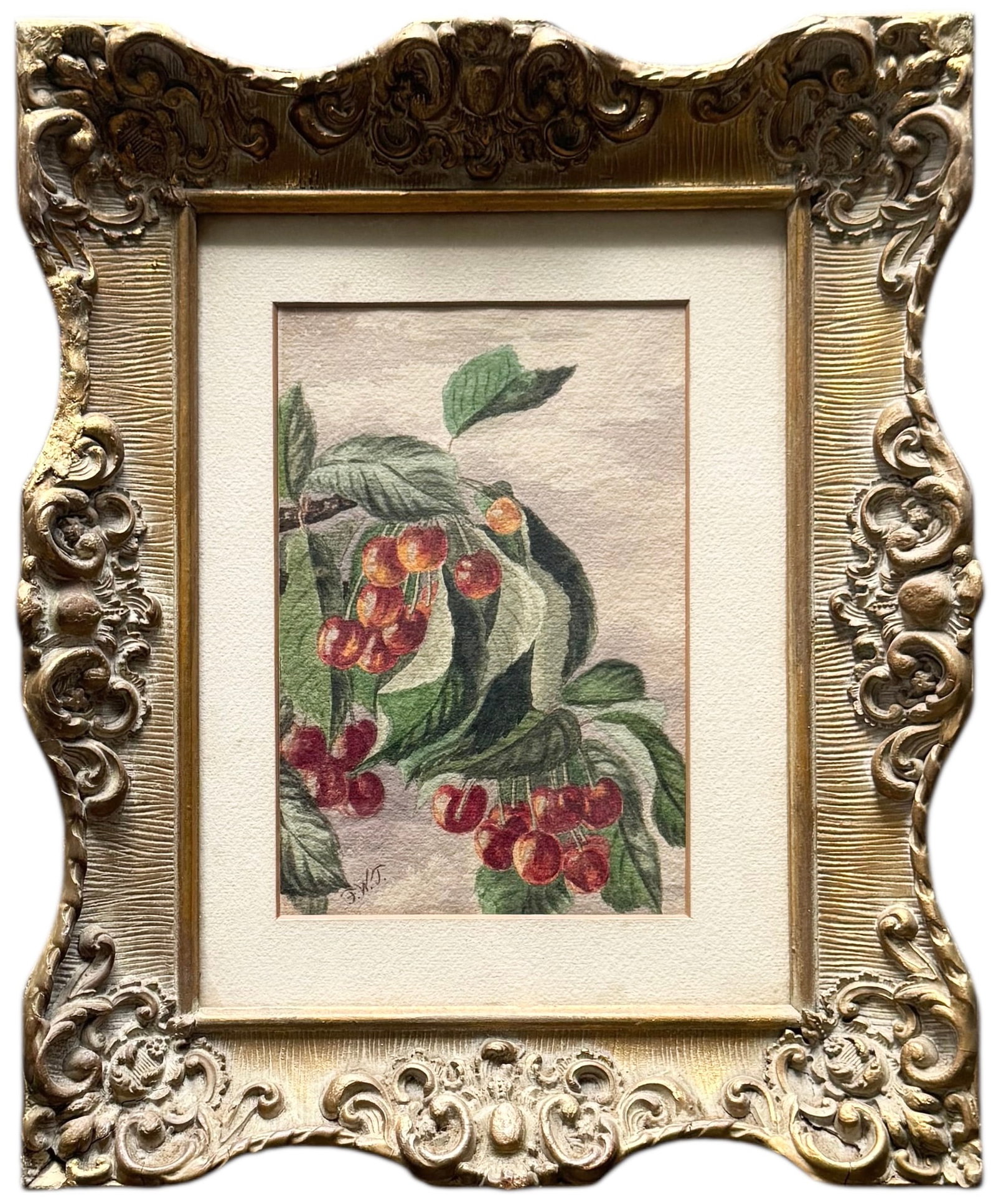 19th Century Watercolor Of Cherries Signed With Monogram: Watercolor 9 x 6 in, 16 1/2 x 13 1/2 in (framed). Domestic Flat Shipping Price: $55