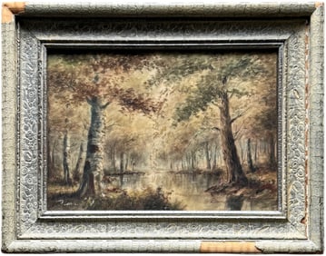 Antique Forest Landscape Signed Watercolor Painting In Period Frame