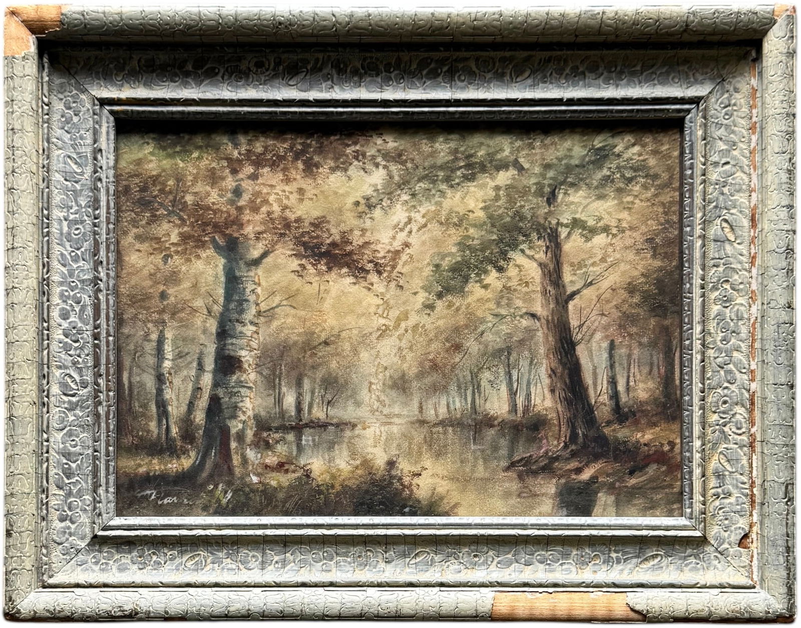 Antique Forest Landscape Signed Watercolor Painting In Period Frame (1 of 3)