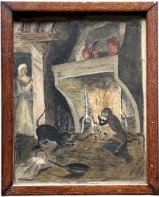 WILLIAM BAGLEY Antique Fireplace Scene With Cat & Monkey Watercolor