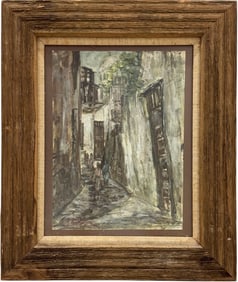 20th Century European Street Scene Signed Oil On Paper