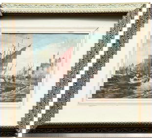 Orientalist Harbor Scene With Mosque Watercolor Painting