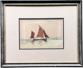 English School Nautical Seascape With Sailboats Watercolor Signed With Monogram