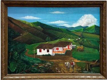 Colombian Folk Art Signed Oil On Cavas Painting Of Coffee Fields