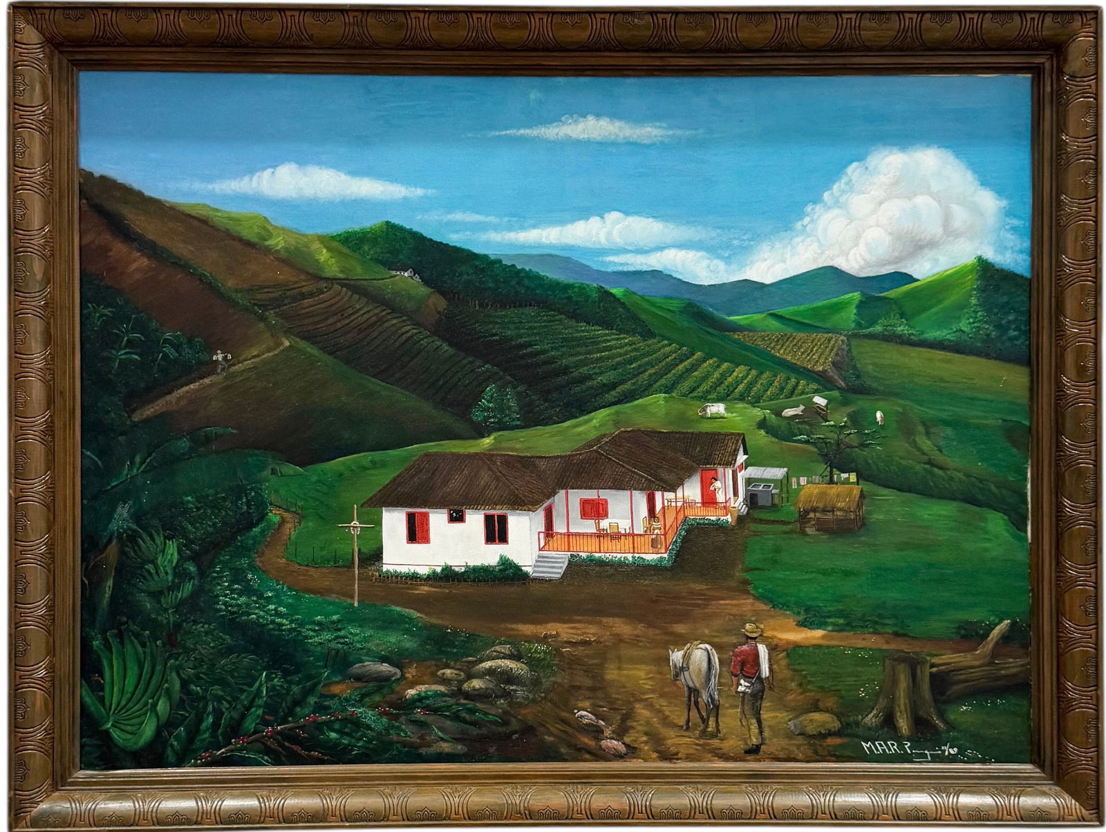 Colombian Folk Art Signed Oil On Cavas Painting Of Coffee Fields (1 of 3)