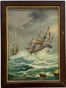 19th Century Seascape Ships In Rough Sea Oil Painting On Wood Panel