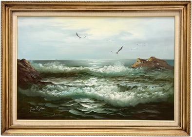 American Seascape With Crashing Waves Signed Oil Painting