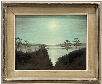 Luminist Moonlit Japanese Landscape Signed Oil Painting On Canvas