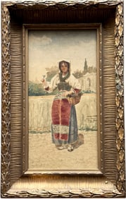 19th Century Italian School Watercolor Genre Scene Signed In Quality Period Frame