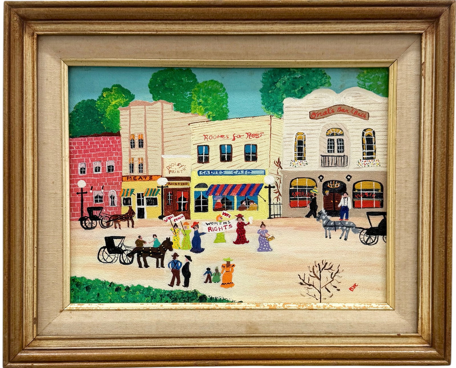 BARBARA CARPENTER Women's Rights Signed Folk Art Painting: Oil on canvas 12 x 9 in, 16 x 13 in (framed).