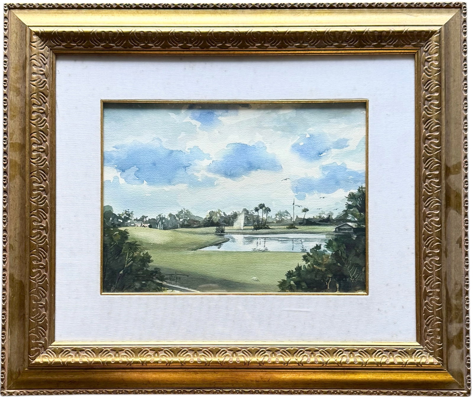 Southern School Signed Watercolor Landscape With Lake: Watercolor on paper 14 1/2 x 10 1/2 in (sight), 26 x 22 in (framed). Domestic Flat Shipping Price: $80