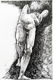 JUAN LUIS ILISASIGUI (b. 1964 Cuba) Surrealist Male Nude Ink Drawing