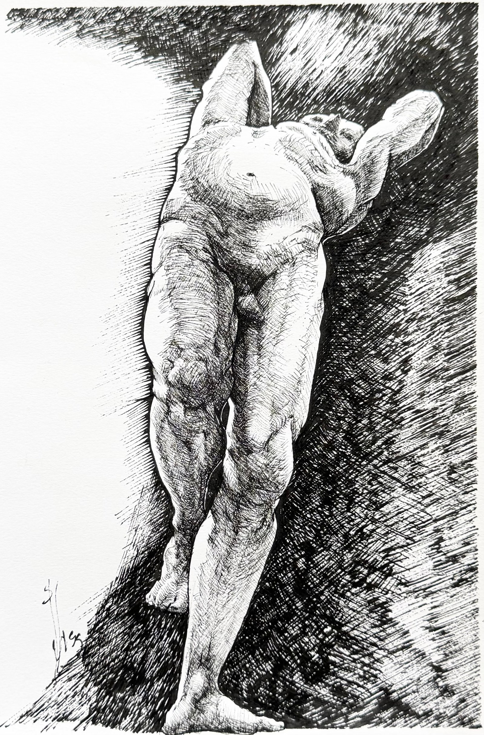 JUAN LUIS ILISASIGUI (b. 1964 Cuba) Surrealist Male Nude Ink Drawing: 12 x 8 1/2 in. Domestic Flat Shipping Price: $35