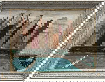 Mid-Century Modernist American Cityscape "On The Lake" Signed Oil Painting