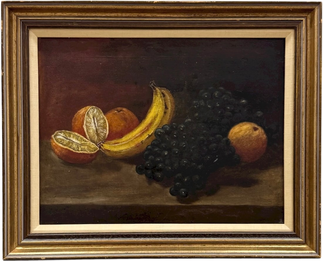 19th Century American School Still Life Of Fruit Oil Painting: Oil on canvas 14 x 18 in, 23 x 18 1/2 in (framed). Domestic Flat Shipping Price: $65