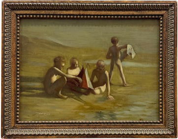 American School Modernist Beach Scene With Young Boys Playing Signed Painting
