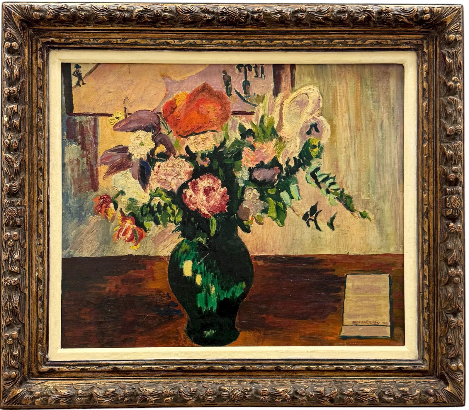American School Modernist Still Life Of Flowers Signed Zimmerman: Oil painting on masonite 24 x 20 in, 31 1/2 x 27 1/2 in (framed). Domestic Flat Shipping Price: $90