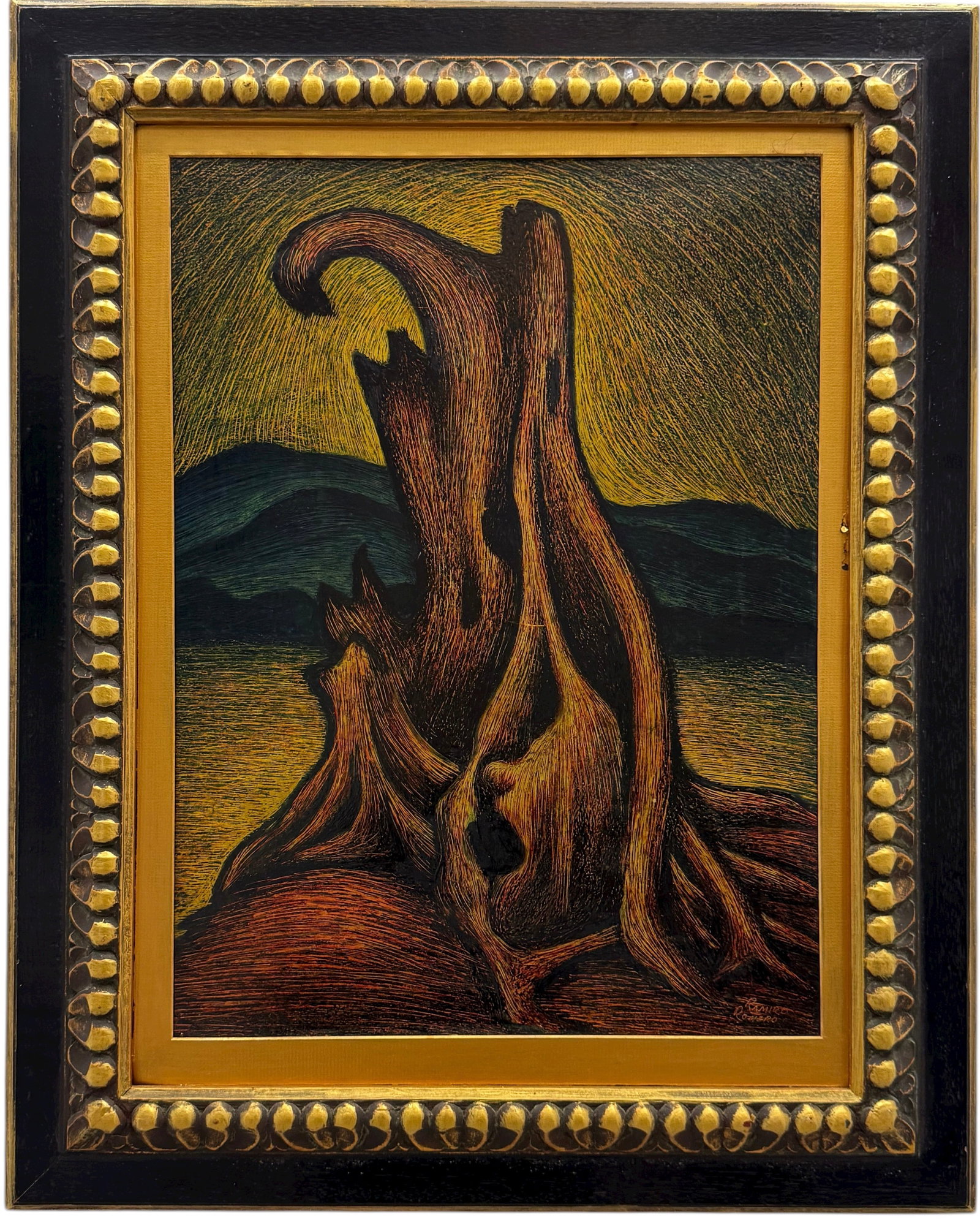 RAMIRO ROMERO (20th c, Mexican) Surrealist Landscape: Oil on board 24 x 18 in, 30 x 24 in (framed). Domestic Flat Shipping Price: $90
