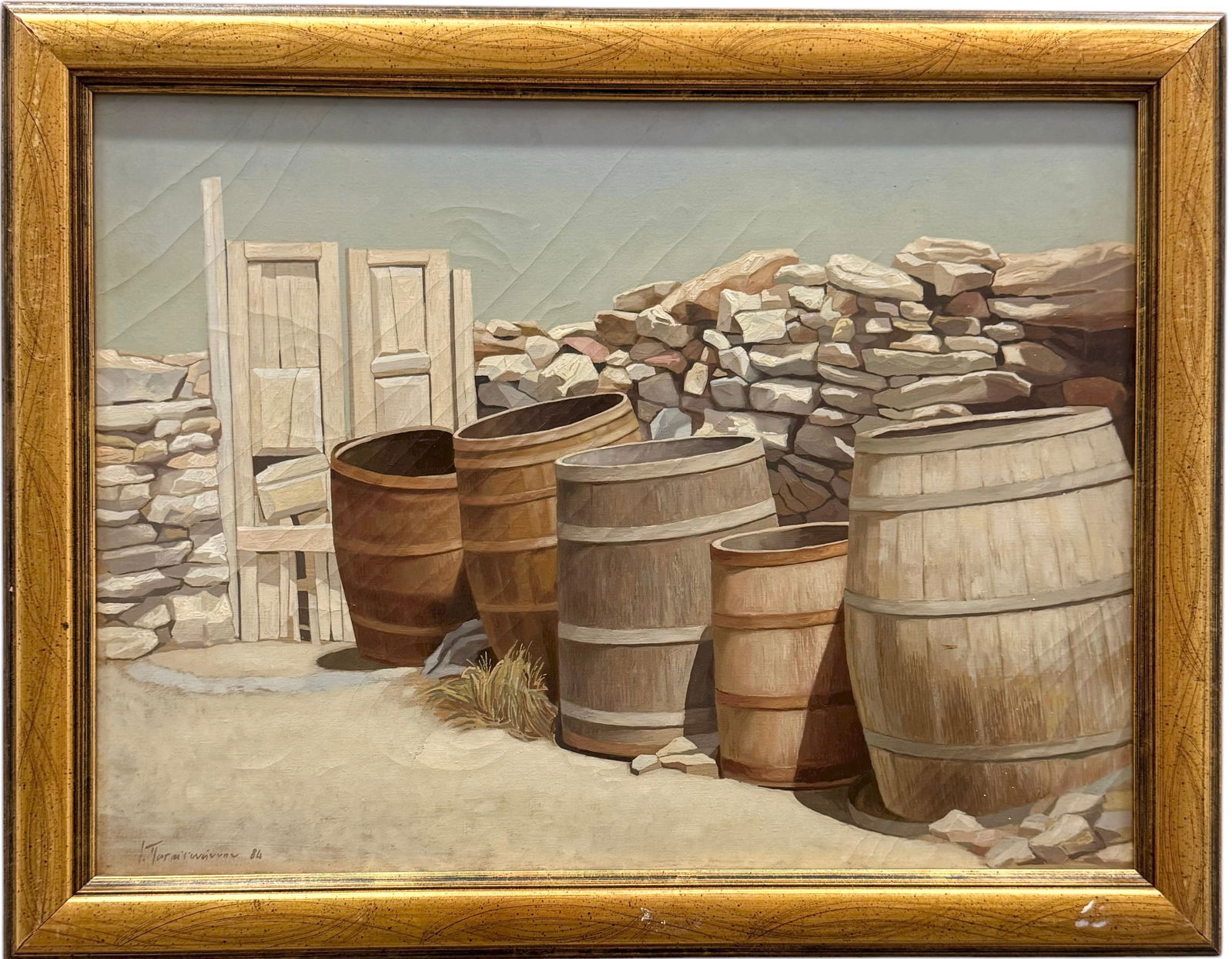Greek Island Painting Of Barrels Along Stone Wall Signed Oil Painting (1 of 4)