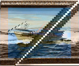 Signed Vintage American School Florida Boating Painting With Yacht At Sea