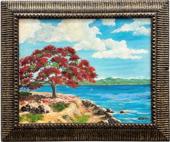 Cuban School Caribbean Landscape With Royal Poinciana Tree Signed R Casado