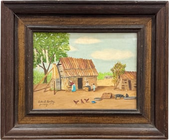 ESTHER E BENTLEY After William Aiken Walker Cabin Scene Southern Folk Art 1970's