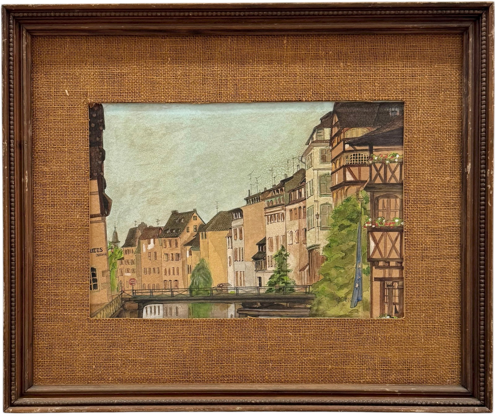 20th Century Signed European Watercolor Townscape With Canal: Watercolor on paper 16 x 11 in (sight), 24 x 20 1/2 in (framed). Domestic Flat Shipping Price: $60