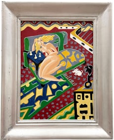 Vintage American Cubist Nude Chess Player Signed Oil Painting