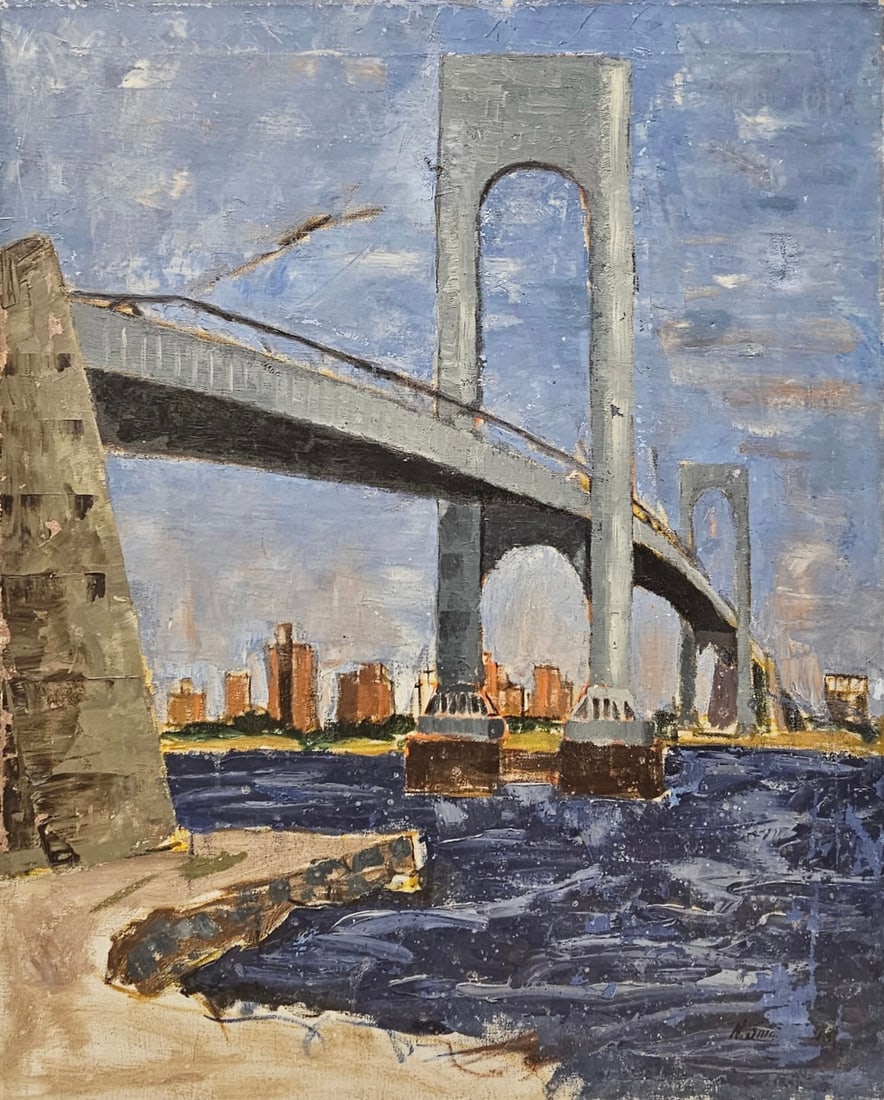 American School WPA Era Verrazano Bridge New York City Signed Oil Painting (1 of 5)