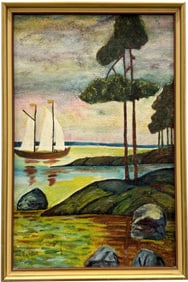 20th Century Fauvist Landscape With Sailboat Oil Painting