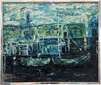 Mid-Century Abstract Expressionist Harbor Scene Heavy Impasto Oil Painting