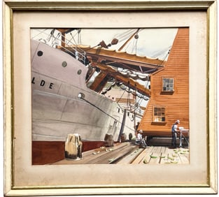 1930's Signed WPA Watercolor Of Workers In A Shipyard