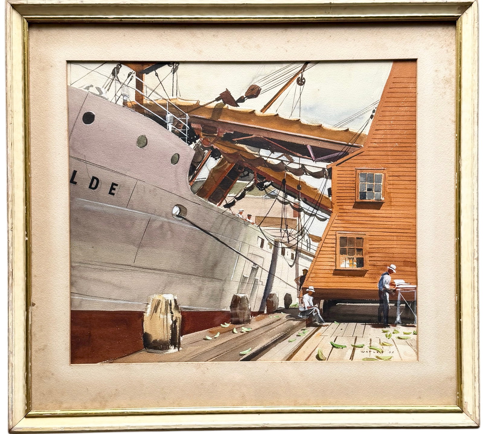 1930's Signed WPA Watercolor Of Workers In A Shipyard: Watercolor 21 3/4 x 18 3/4 in, 29 1/2 x 27 in (framed). Domestic Flat Shipping Price: $110