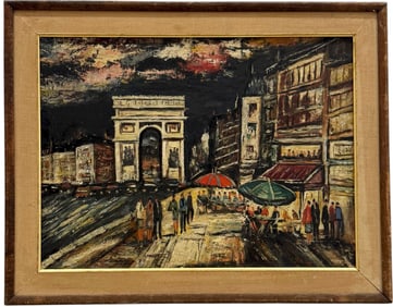 Mid-Century Paris School Modernist Cityscape Signed Oil Painting In Period Frame