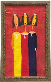 Vintage Modernist Signed American Oil Painting Three Sisters