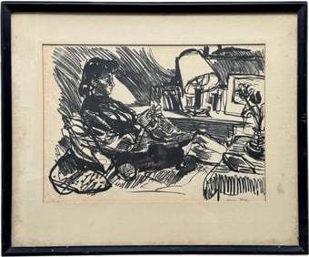 Pencil Signed Expressionist Lithograph Interior Scene Of Woman Sitting