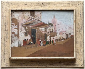 Nicely Framed 1930's Signed Orientalist Street Scene Gouache Painting