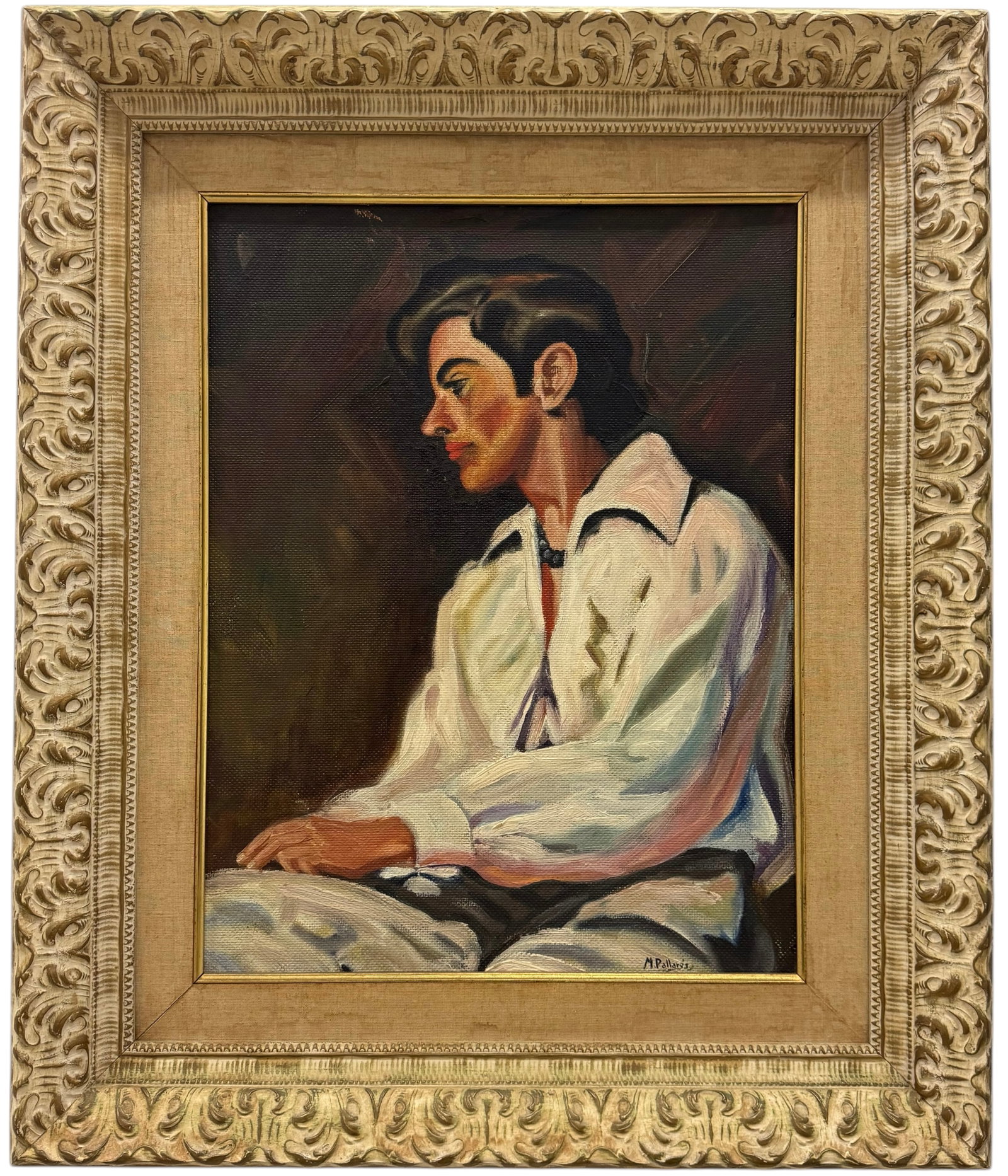 1950's Spanish Portrait Of A Handsome Man In Period Frame: Oil on masonite 21 3/4 x 16 3/4 in, 30 x 25 in (framed). Domestic Flat Shipping Price: $90