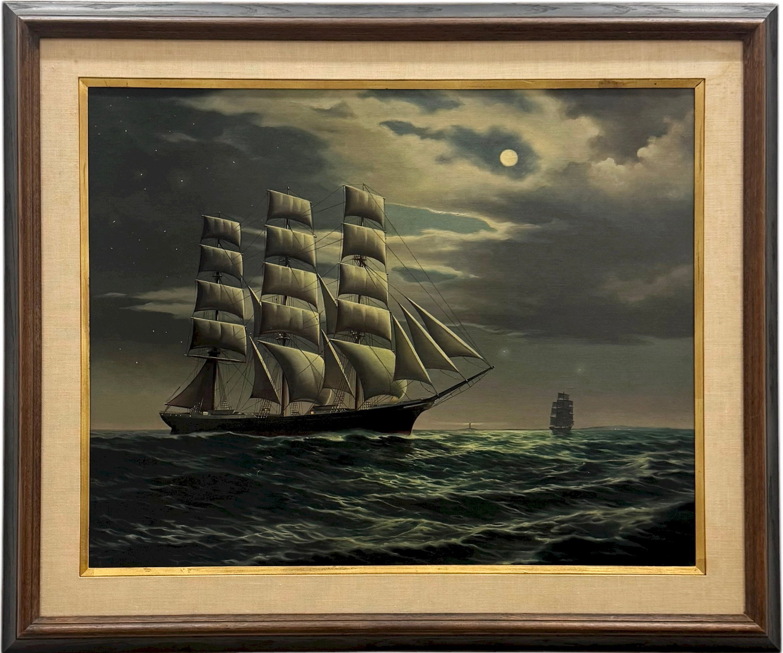 HENNING HANSEN (20th c, Danish) Moonlit Seascape With Clipper Ship (1 of 3)