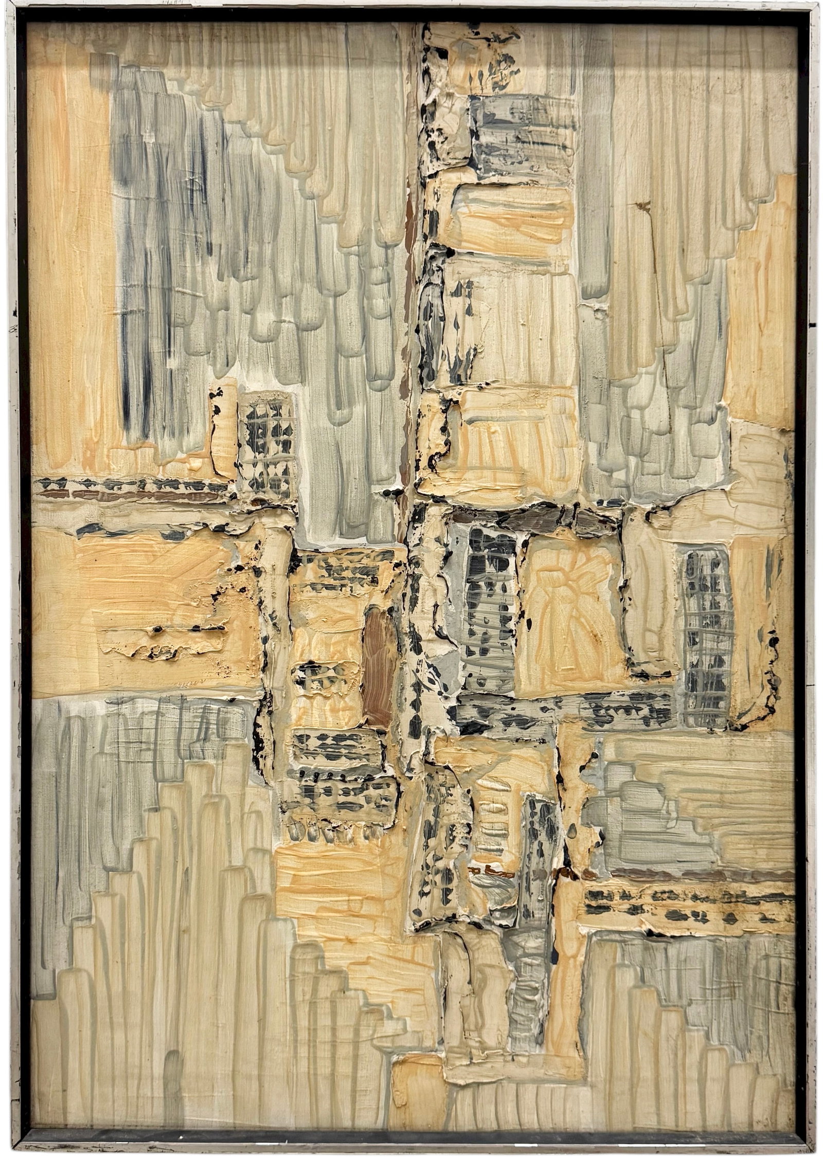 Vintage American Abstract Expressionist Oil On Canvas Muted Tones Heavy Impasto: Size 34 x 24 in (framed). Domestic Flat Shipping Price: $90
