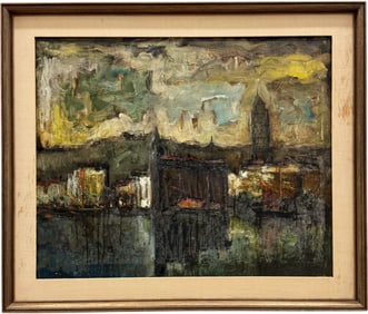 Mid-Century French School Modernist Cityscape Oil Painting
