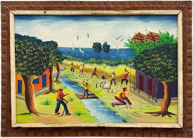 Signed Vintage Haitian Village Scene With Figures In Original Island Frame
