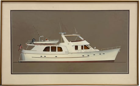Vintage American Boating Illustration Of A Yacht Signed Davis