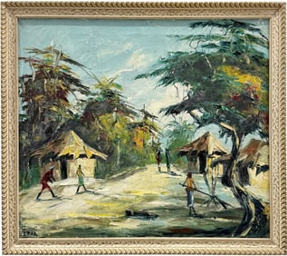 Haitian Modernist Village Scene Signed Oil Painting