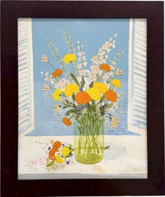 Japanese Modernist Still Life Of Flowers Signed Ryozo